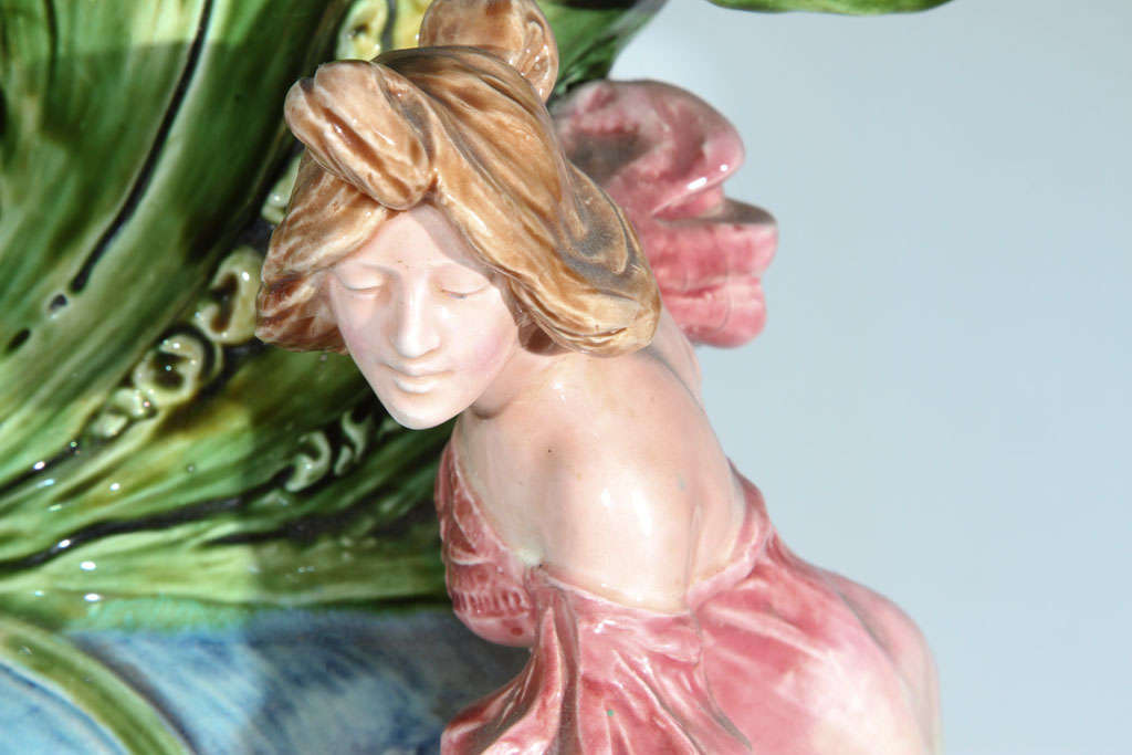Monumental French Majolica Art Nouveau Figural Vase For Sale 2