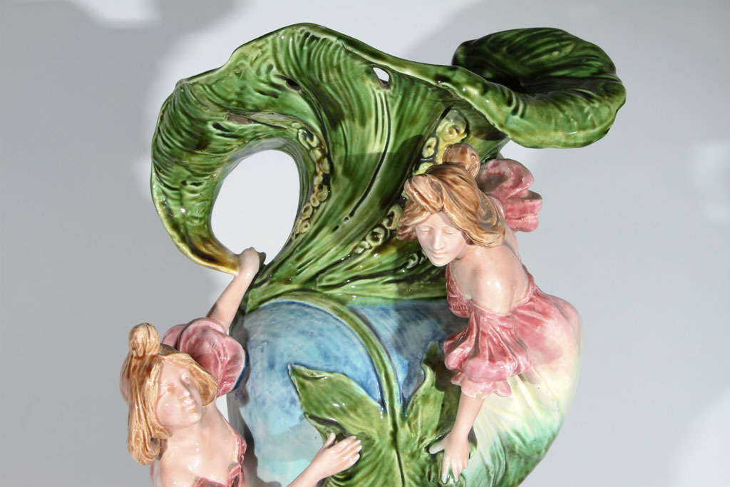 Monumental French Majolica Art Nouveau Figural Vase For Sale 4