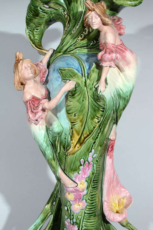 Monumental French Majolica Art Nouveau Figural Vase For Sale 5