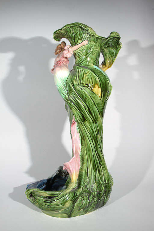 Monumental French Majolica Art Nouveau Figural Vase For Sale 6