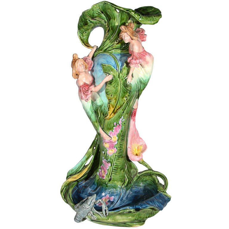 Monumental French Majolica Art Nouveau Figural Vase For Sale