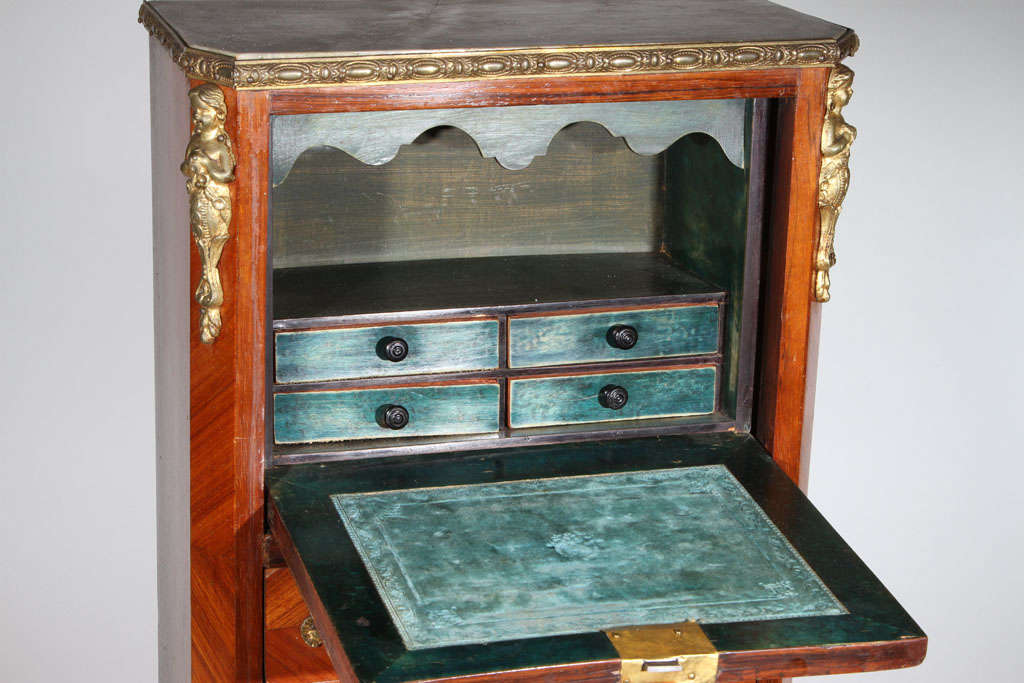 Antique French Miniature Drop Front Desk w Ormolu Mounts In Good Condition For Sale In Pasadena, CA