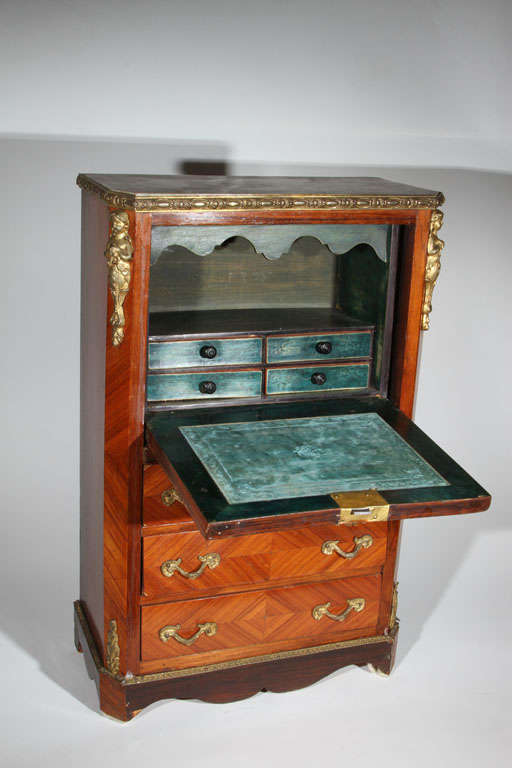 20th Century Antique French Miniature Drop Front Desk w Ormolu Mounts For Sale