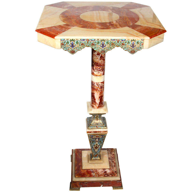 French Multi Color Onyx and Champleve Enamel Table For Sale