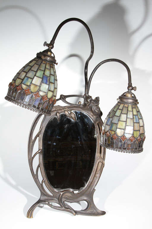 Unusual Art Nouveau Beveled Mirror w/ Leaded Glass Lamps