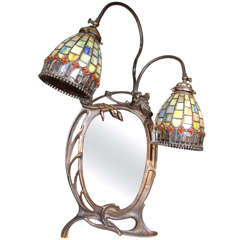 Unusual Art Nouveau Beveled Mirror w/ Leaded Glass Lamps