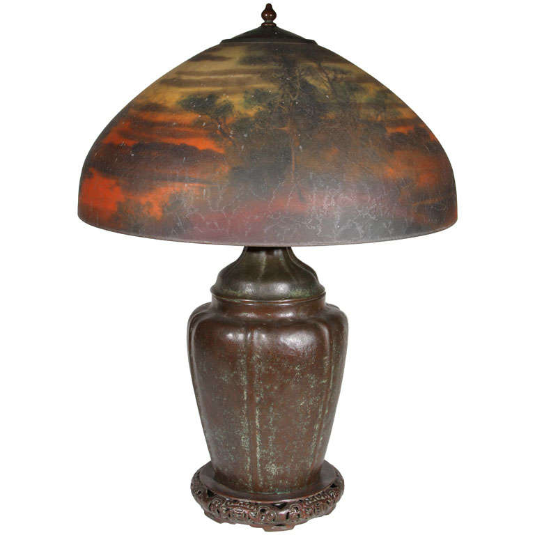 Handel Lamp w Scenic Reverse Painted Shade For Sale