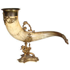 Antique Decorative Horn with Figural Bronze Detail