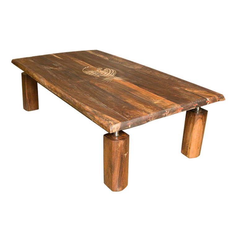 Mid-Century Rustic Brazilian Rosewood Coffee Table with Incised Fish For Sale