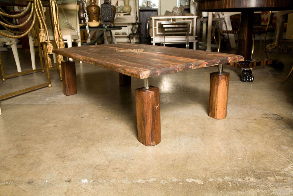 Mid-Century Modern Mid-Century Rustic Brazilian Rosewood Coffee Table with Incised Fish For Sale
