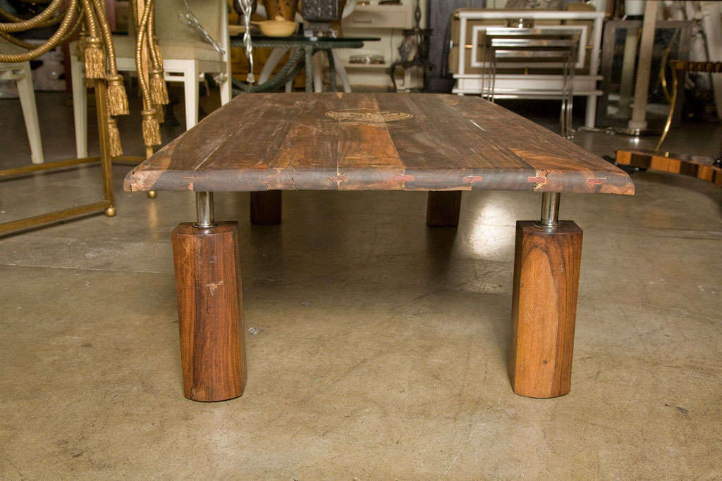 American Mid-Century Rustic Brazilian Rosewood Coffee Table with Incised Fish For Sale