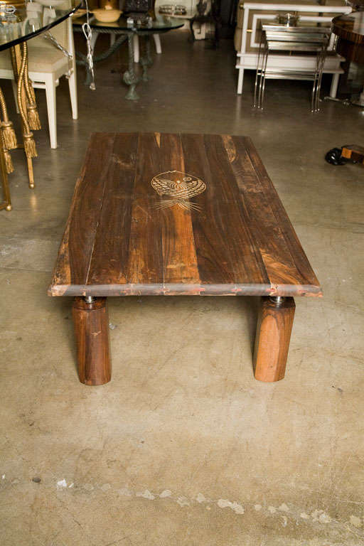 Mid-Century Rustic Brazilian Rosewood Coffee Table with Incised Fish In Good Condition For Sale In Los Angeles, CA