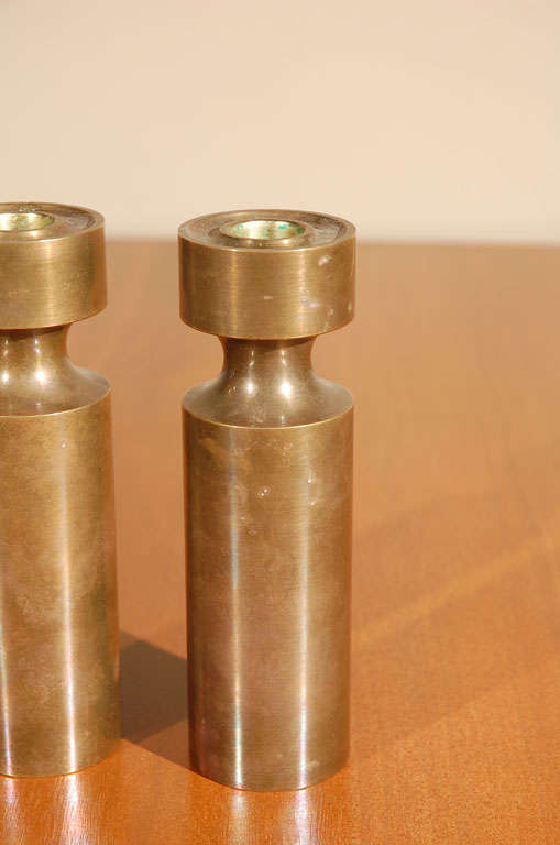 Norwegian Pair Solid Bronze Machined Candlesticks
