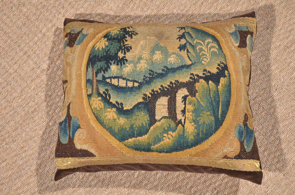 18th Century scenic tapestry pillow in velvet with French gallon. Down filled.