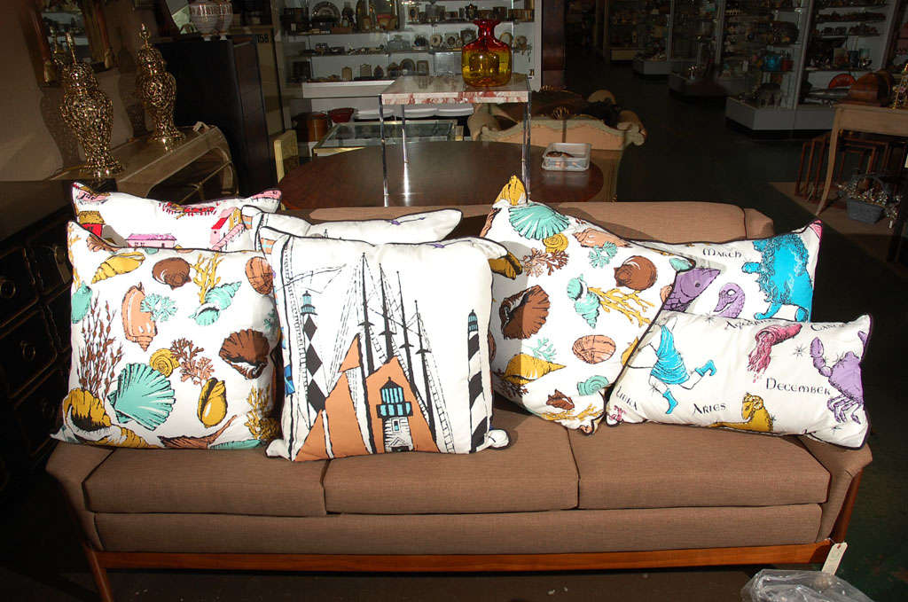 Came across some beautiful iconic 60's fabric, and had the pieces made into these 7 unique pillows. The fabric is perfect, there are 3 sets and one single, all have down inserts, zippers, piped edges, and antique fabric backs. They are fresh, alive,