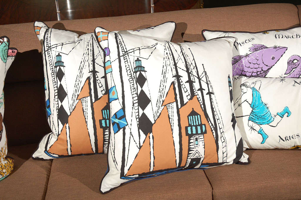 American Seven Custom Made Down Pillows with Iconic 60's Fabric For Sale