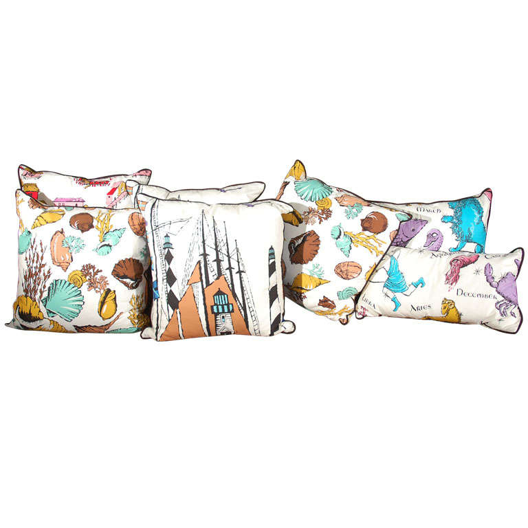 Seven Custom Made Down Pillows with Iconic 60's Fabric For Sale