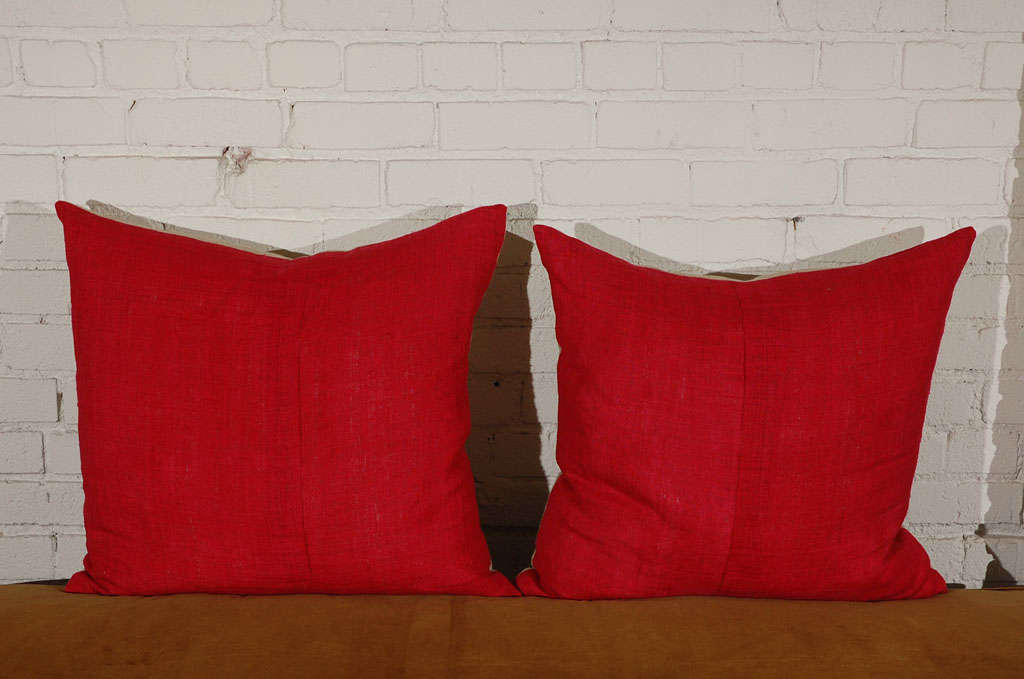 Vintage hemp fabric from Singapore in a bright red color with a natural linen back.