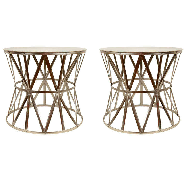 Pair Round Industrial Metal Side Tables, 20th Century