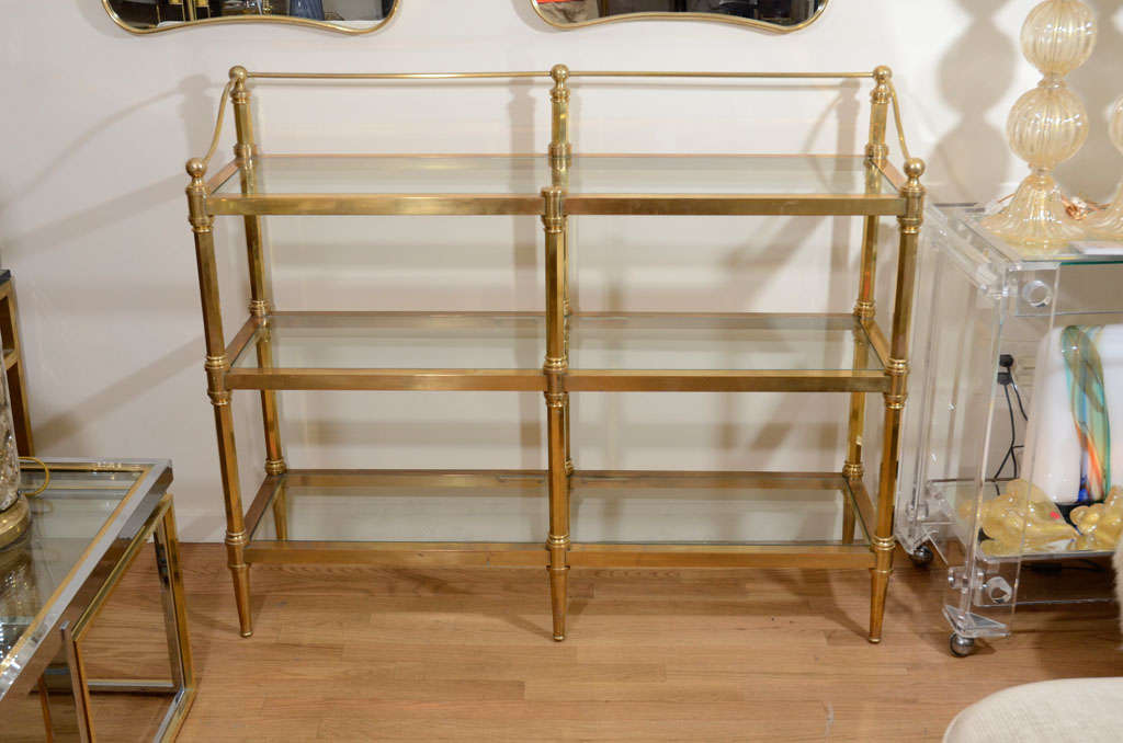 Three tier brass and glass etegere