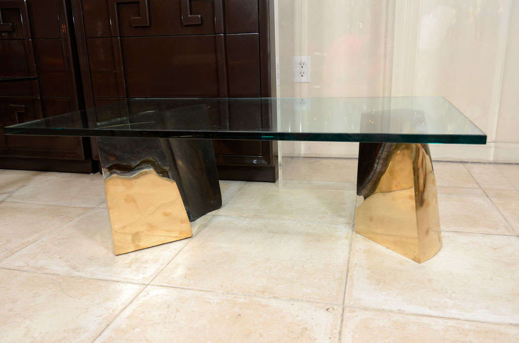 Rectangular coffee table with bronze base by Silas Seandel