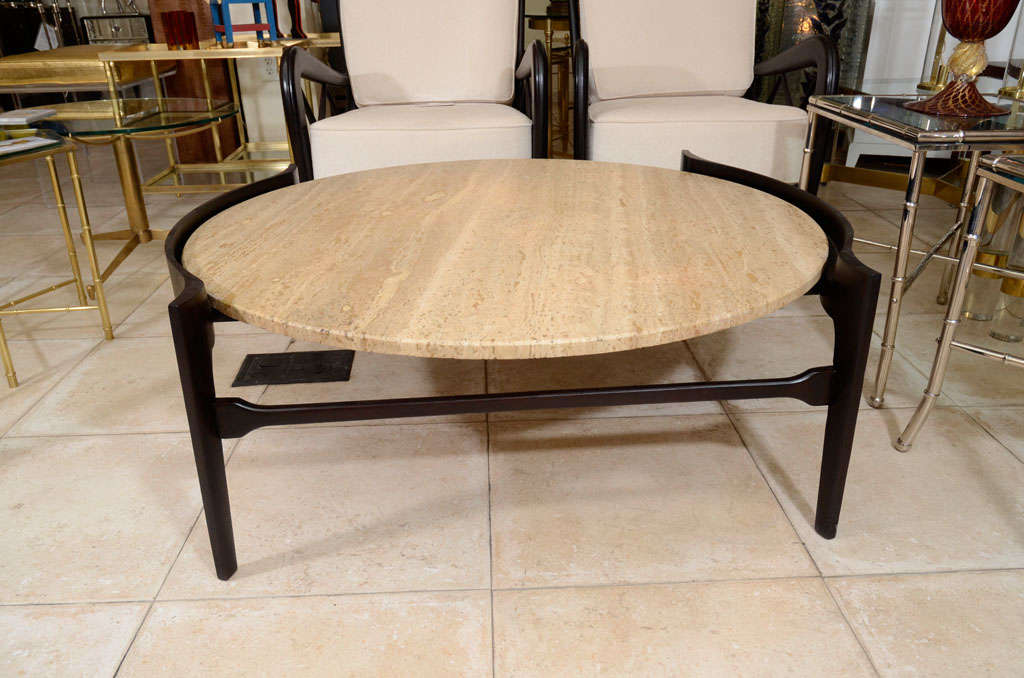 American Travertine and wood coffee table by Bertha Shaefer