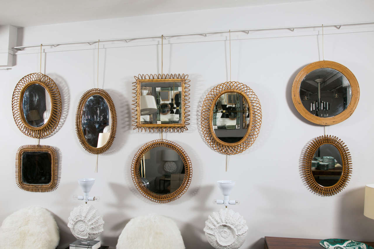 Set of Eight Wicker Framed Mirrors, circa 1960