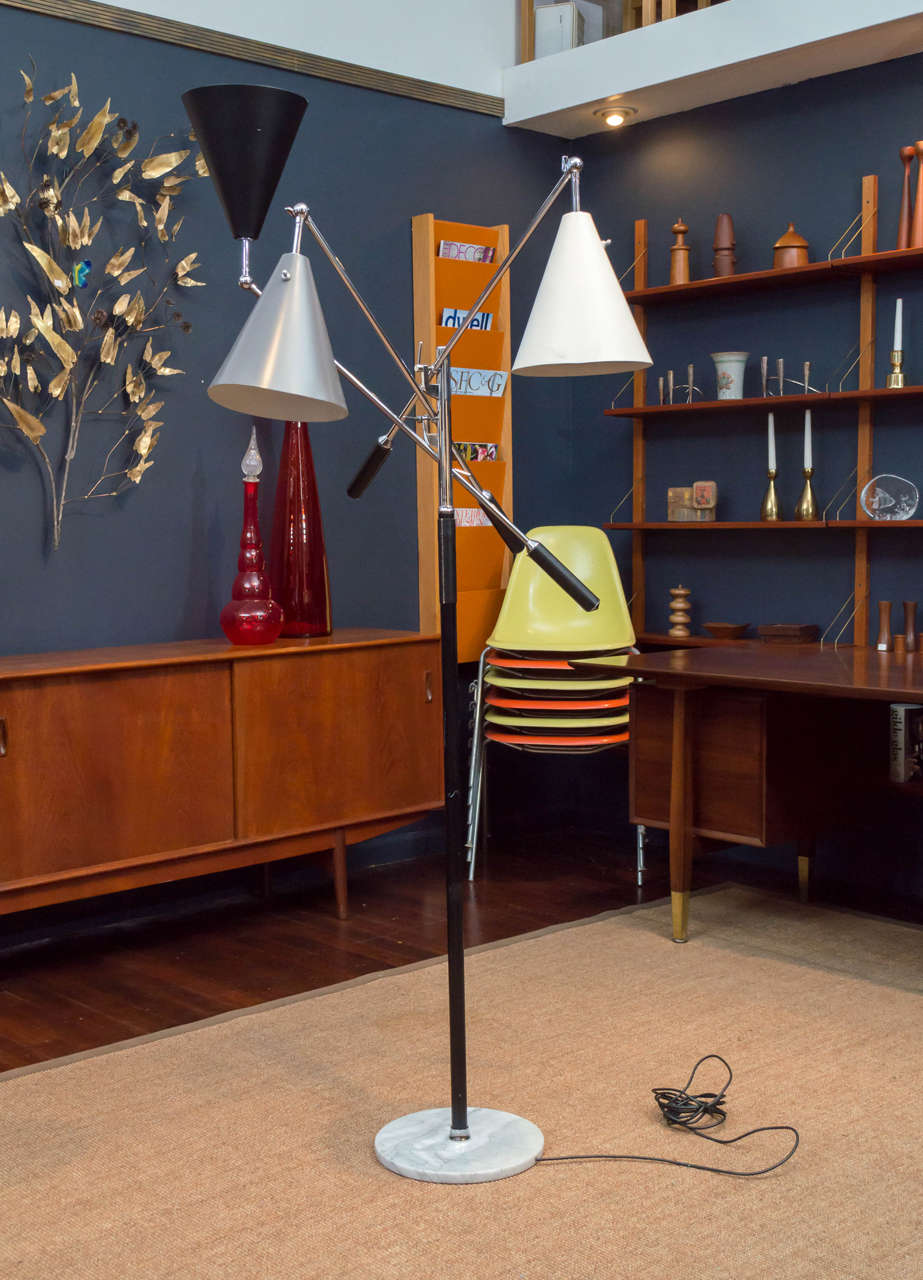 Arteluce three color chrome and marble articulating floor lamp. Very good original condition with no oxidation to chrome plating and original leather handles.