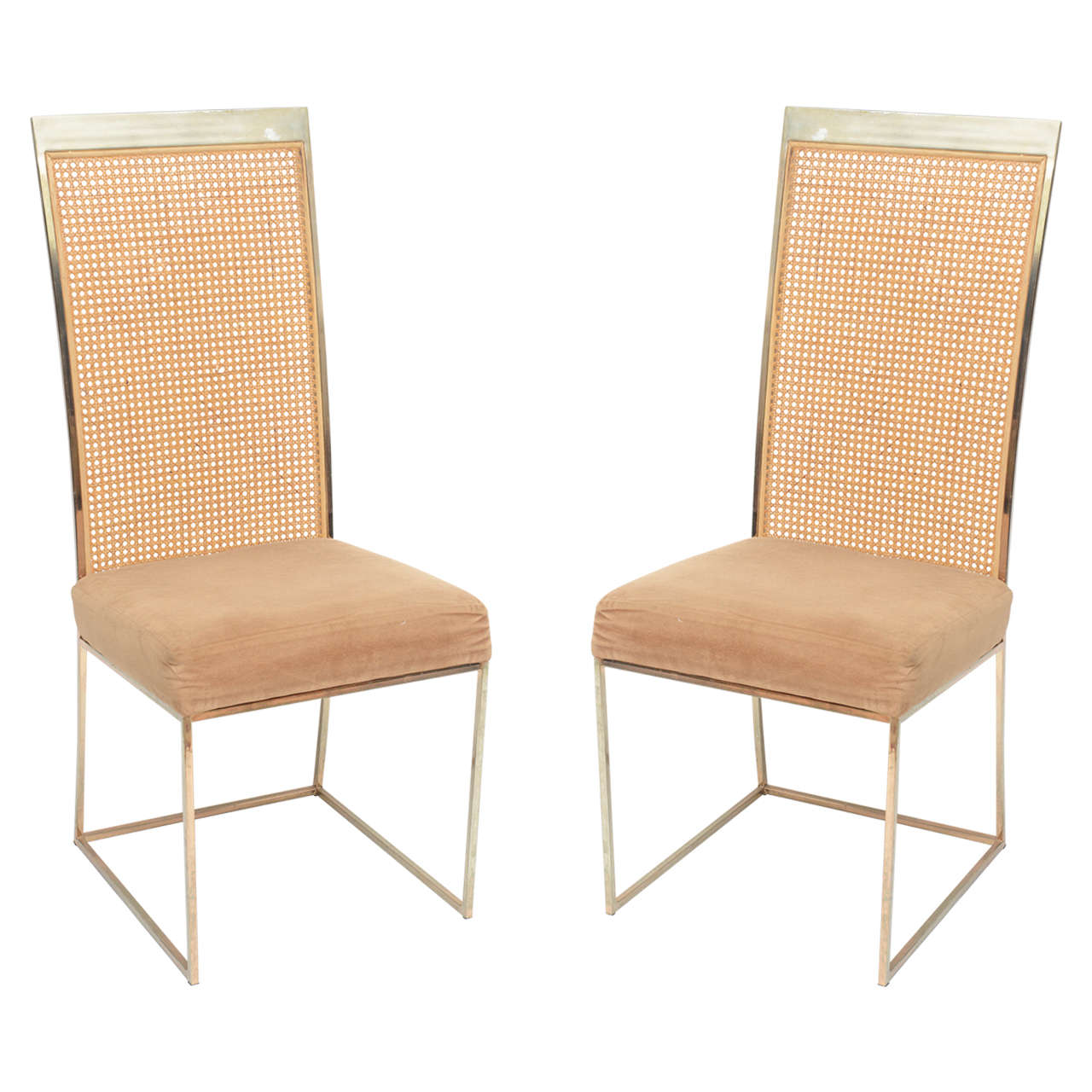 Pair of Milo Baughman Cane and Brass Chairs, USA, 1970s