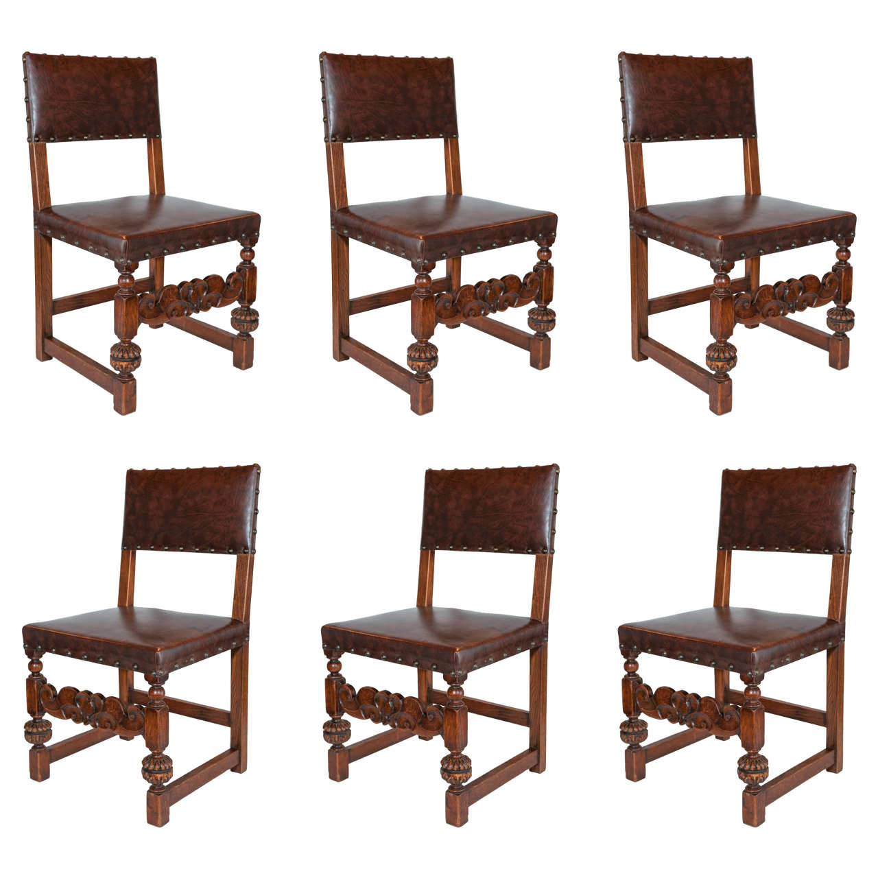 Set of 6 Antique 20th Century Flemish Oak Chairs with Carved front detailing For Sale