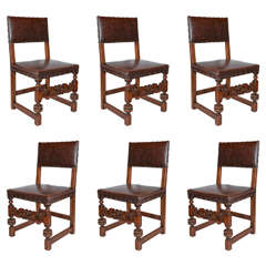 Set of 6 Antique 20th Century Flemish Oak Chairs with Carved front detailing