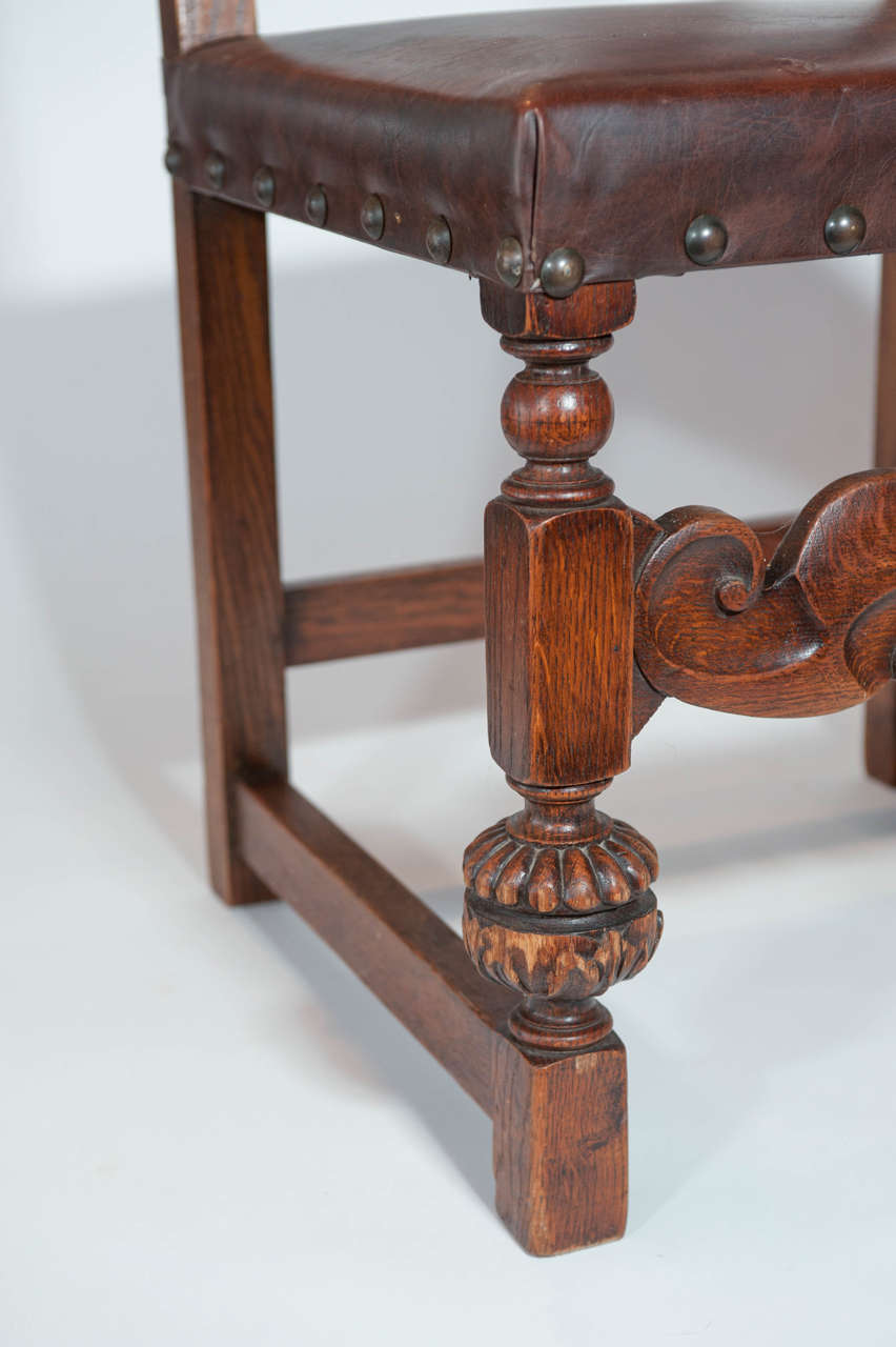 Belgian Set of 6 Antique 20th Century Flemish Oak Chairs with Carved front detailing For Sale