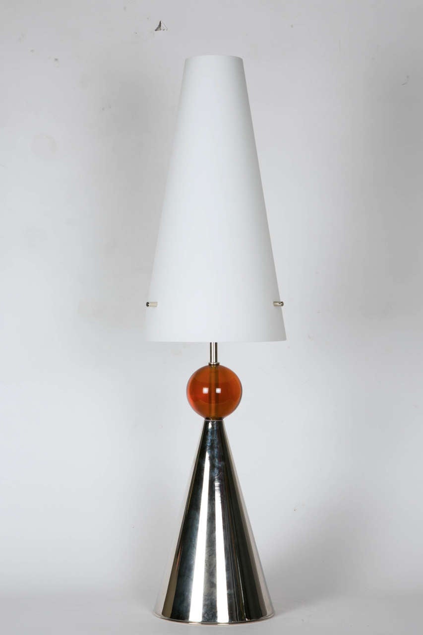 Pair of lamps with chromed base, Murano glass ball and opaline shade.