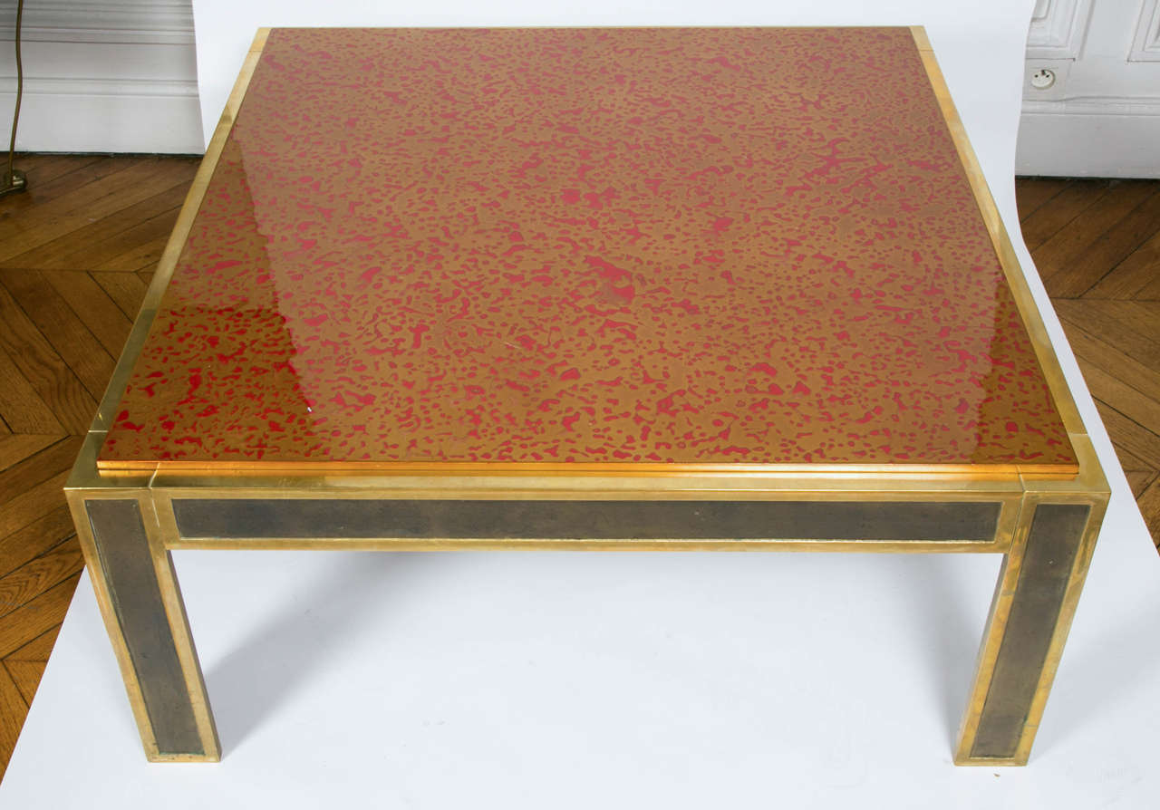 Super chic cocktail table in solid bronze with lacquered wood top designed by Peter Van Heeck.