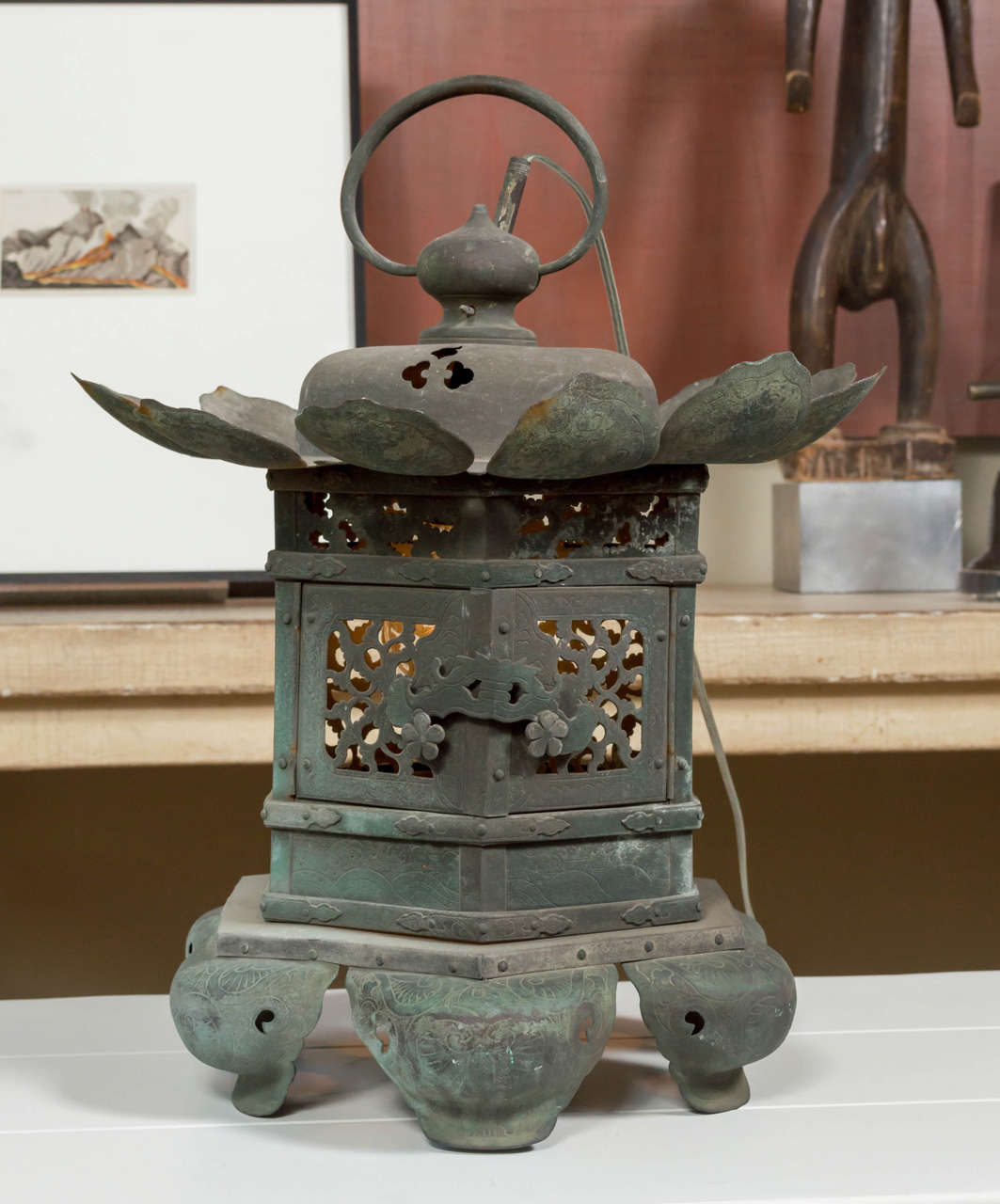 An Japanese patina aged bronze lantern with later wiring