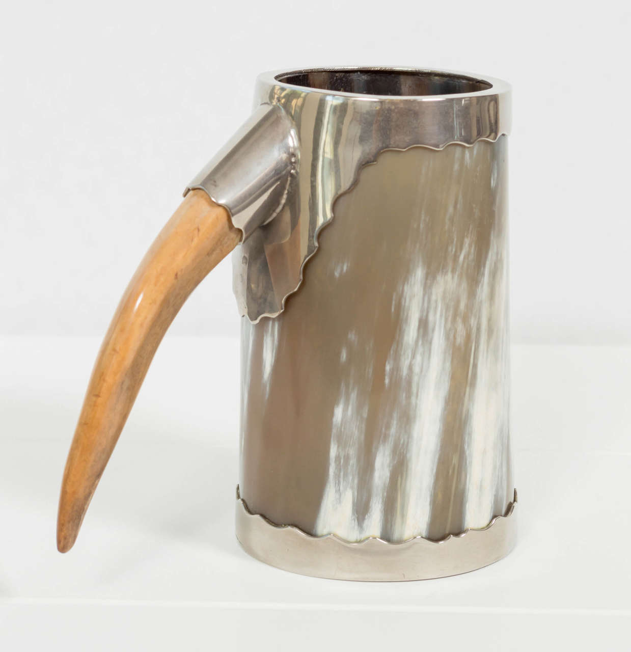1950s silvered nickel mounted boar tusk and horn beer stein or mug retaining original leather Gucci made in Italy label on bottom.