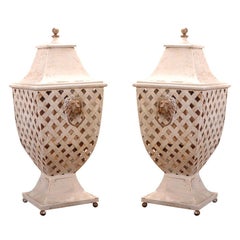 Pair Of Very Large  White Painted Wrought Iron Urns