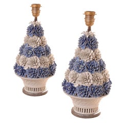 Pair of Blue and White Faience Flower Basket Table Lamps