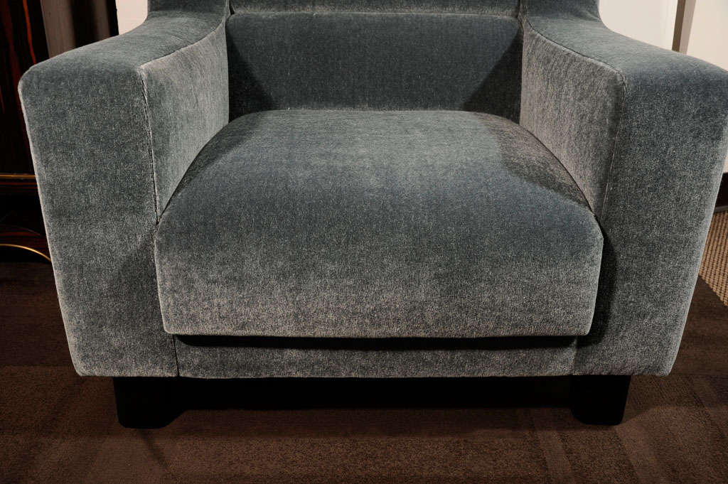 Pair of Luxe Art Deco Club Chairs in Grey-Teal Mohair 2