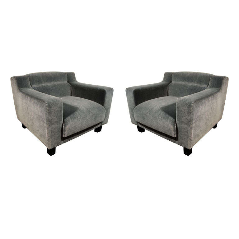 Pair of Luxe Art Deco Club Chairs in Grey-Teal Mohair