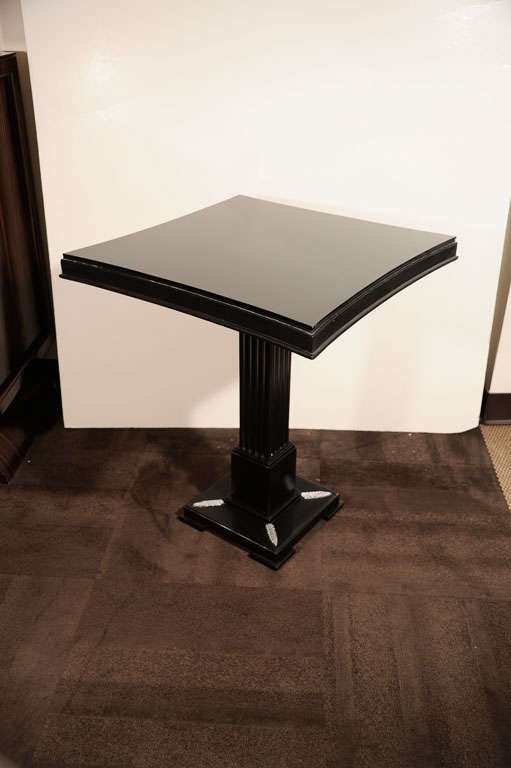 Vitrolite Pair of Occasional Tables in Ebonized Mahogany with Pedestal Bases by James Mont