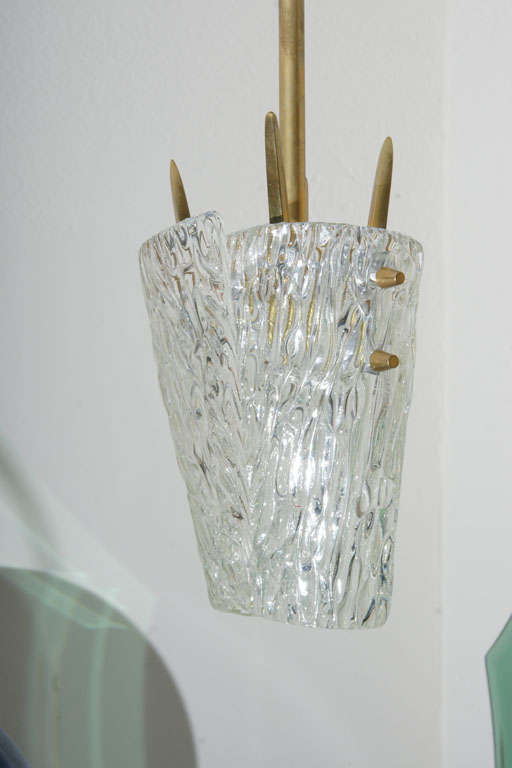 Mid-Century Modern Textured Glass Petite Pendant Ceiling Fixture with Brass Hardware