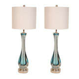 Pair of Seguso Clear and Ice Blue Glass Lamps
