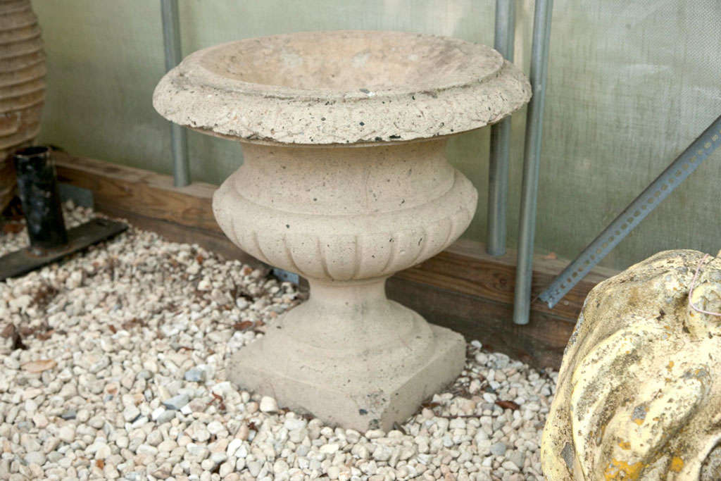 Large reconstructed stone urn, semi lobed bowl.
