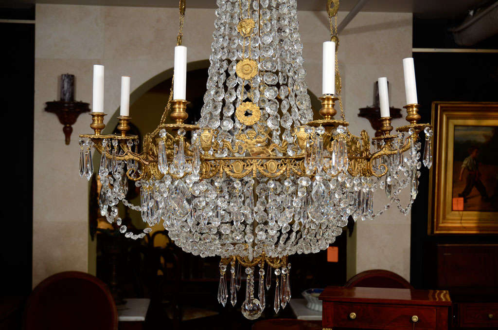 French Louis XVI Bronze and Crystal Eight Light Chandelier