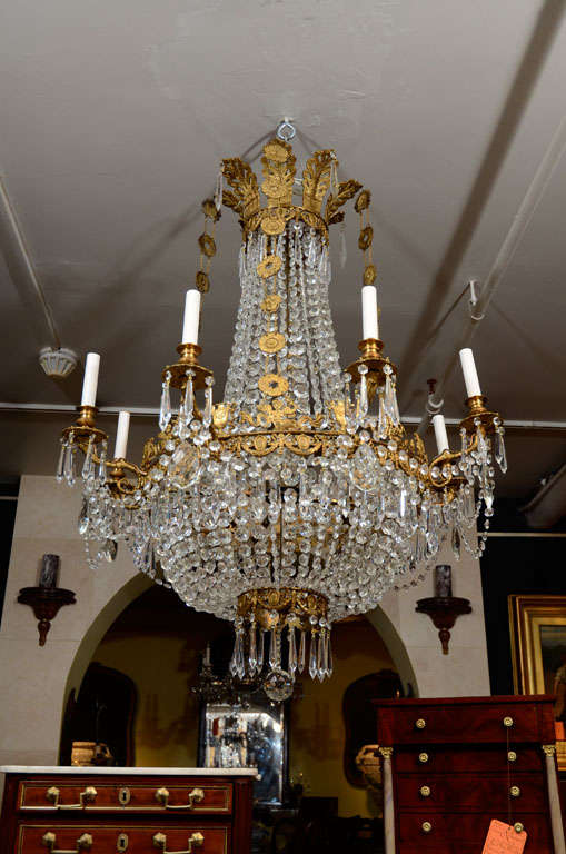 19th Century Louis XVI Bronze and Crystal Eight Light Chandelier