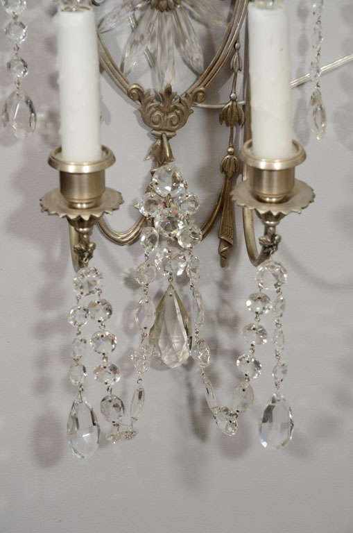 French Pair of 19th Century Silver Leaf and Crystal Sconces