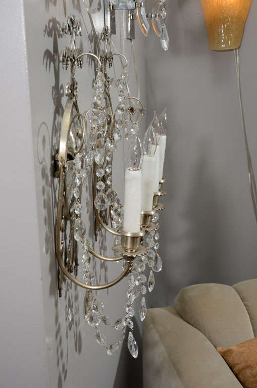 20th Century Pair of 19th Century Silver Leaf and Crystal Sconces