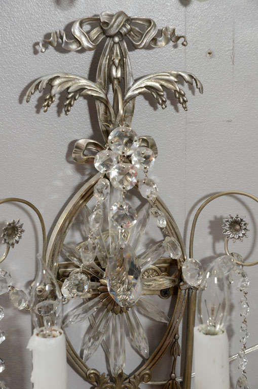 Bronze Pair of 19th Century Silver Leaf and Crystal Sconces