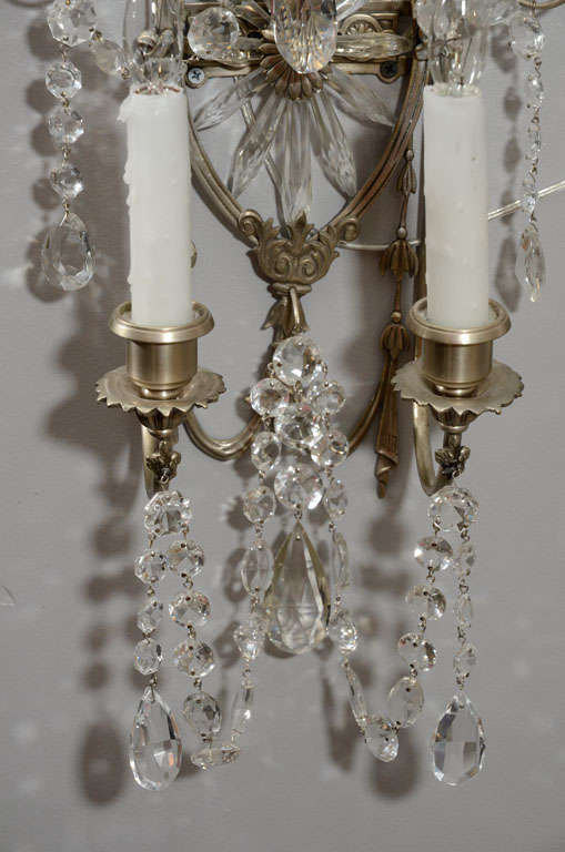 Pair of 19th Century Silver Leaf and Crystal Sconces 1